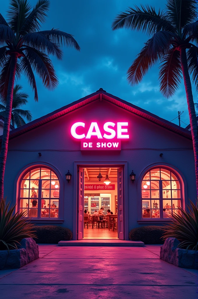 Casa de show, with glass windows, large area in front with some chairs and tables, large sign above the front door, large open entrance door, circular shaped windows, unrealistic, drawn, small sign on the wall saying "prohibited drinks", indoor party, events house, coconut trees outside, neon, lights, natta, parties, animadas, sound box, huge hall inside, party going on , floodlight lights 