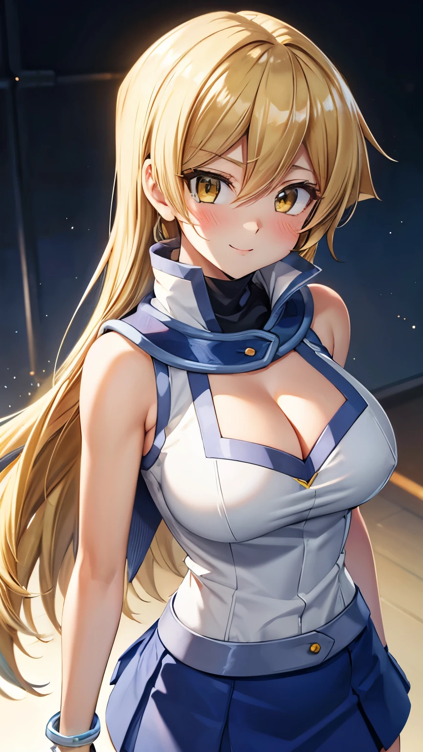 masterpiece, best quality, highres, heart hair ornament, ta1,blonde hair,long hair,yellow eyes, white jacket, sleeveless, blue skirt,tight skirt , miniskirt,fingerless gloves,smile,big tits  ,looking at viewer,top view,(standing), bracelet, Cyber city,blue neon lights,((perfect face)),perfect body, perfect , high definition,blush,((upper body)),(cleavage)