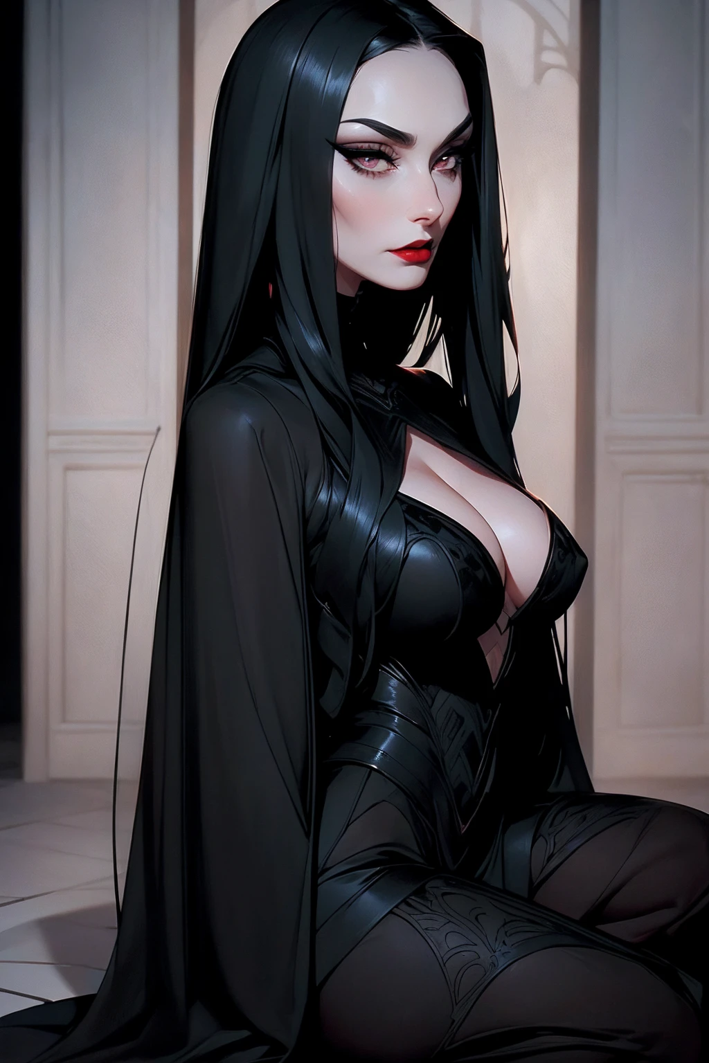 solo, (sophisticated dress:1.0), black dress ((masterpiece)),((high resolution)), ((best quality)), extremely fine and beautiful, super fine illustration, (realistic skin), (insanely detailed anime eyes), detailed face, vivid and beautiful, shocking sensation, incredibly detailed, beautiful detailed woman, supple , front view, facing at viewer, black hair, (morticia addams), black eyes, (see-through:0.5), covered, ((black hair)), (very long hair), profile, sitting, plump breasts thighs, wide hips, movie lighting, perfect shadow, realistic lighting shaded, red lips, (upper body), (big hips), looking at viwer