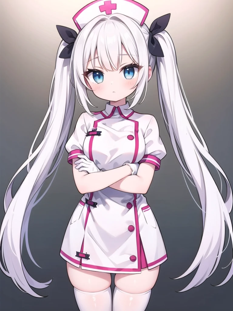 1girl, masterpiece, best quality, perfect hands, very long hair, white hair, white thighhighs, twintails, hair ribbon, nurse, nurse cap, white nurse uniform, zettai ryouiki, white gloves, twintails, crossed arms, standing, short sleeves