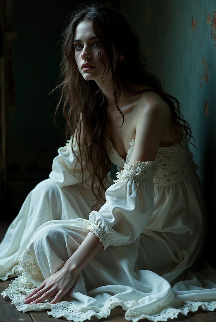 woman in a white dress sitting on the floor., Stefan Gesell, tattered gothic horror maiden, inspired by Bastien L.. Deharme, fine art fashion photography, Miss Aniela, tattered dress, inspired by verehin maxim, impressive and moody, dramatic lighting fantasy, by Elizabeth Polunin, by Ludwik Konarzewski