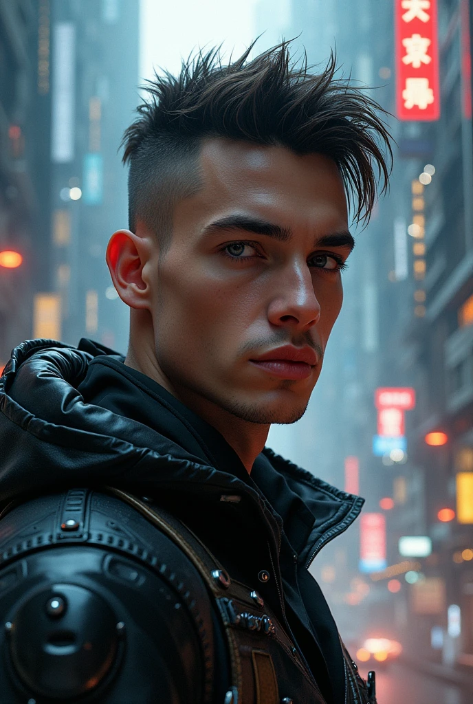 Cyberpunk handsome boy ultra realistic with city 