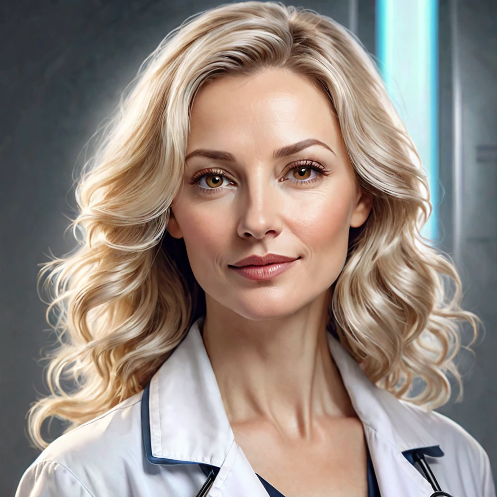Semi-realistic illustration portrait of a 40-year-old woman, beautiful, white, wavy blonde hair, with light brown eyes. rectangular face, fine and soft facial features, somewhat thick lips. slight smile, charming look. Vestida de bata white. Doctor at a futuristic sci-fi biotech company.