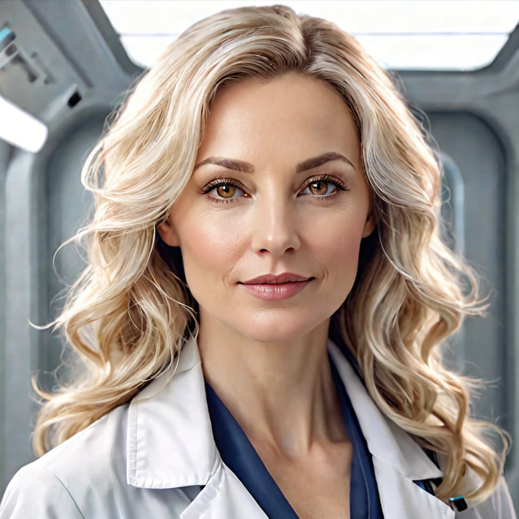 Semi-realistic illustration portrait of a 40-year-old woman, beautiful, white, wavy blonde hair, with light brown eyes. rectangular face, fine and soft facial features, somewhat thick lips. slight smile, charming look. Vestida de bata white. Doctor at a futuristic sci-fi biotech company. 