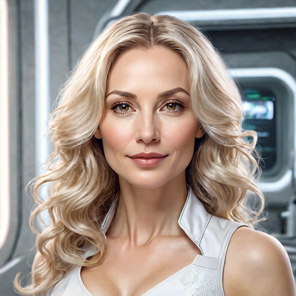 Semi-realistic illustration portrait of a 40-year-old woman, beautiful, white, wavy blonde hair, with light brown eyes. rectangular face, fine and soft facial features, somewhat thick lips. slight smile, charming look. Vestida de bata white. Doctor at a futuristic sci-fi biotech company.