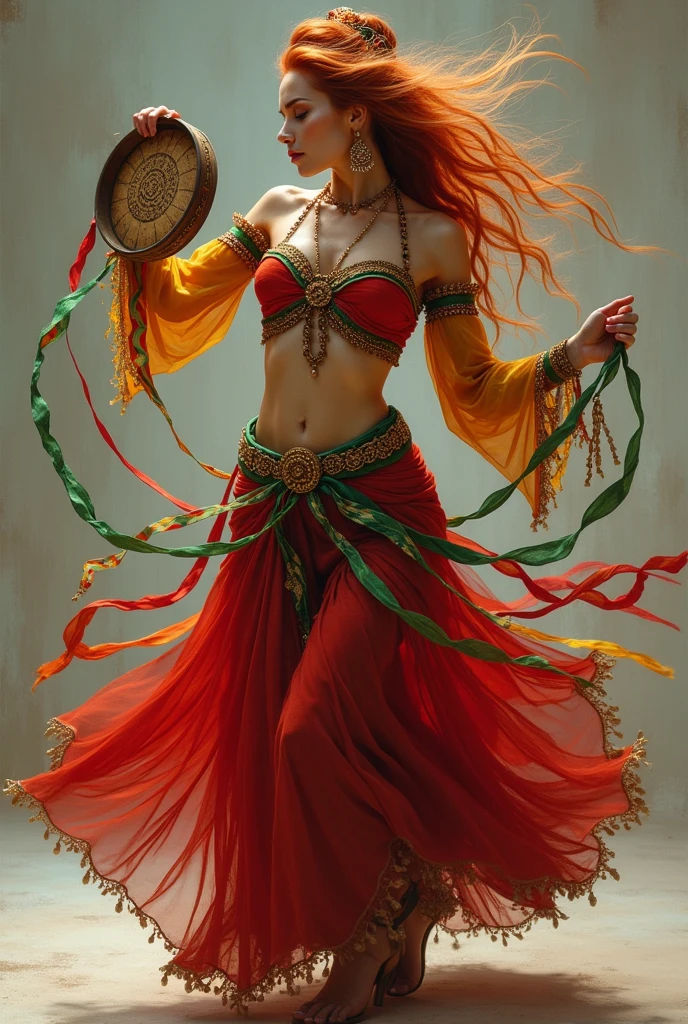 (work of art:1.2), absurderes, A photorealistic photo of the gypsy from the east,alone, skin tanned, your body is dancing, with gypsy clothes in red colors, green and yellow, another earring with red hair, shiny brown eyes, with the tambourine with colored ribbons in one hand
