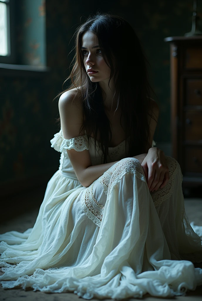 woman in a white dress sitting on the floor., Stefan Gesell, tattered gothic horror maiden, inspired by Bastien L.. Deharme, fine art fashion photography, Miss Aniela, tattered dress, inspired by verehin maxim, impressive and moody, dramatic lighting fantasy, by Elizabeth Polunin, by Ludwik Konarzewski