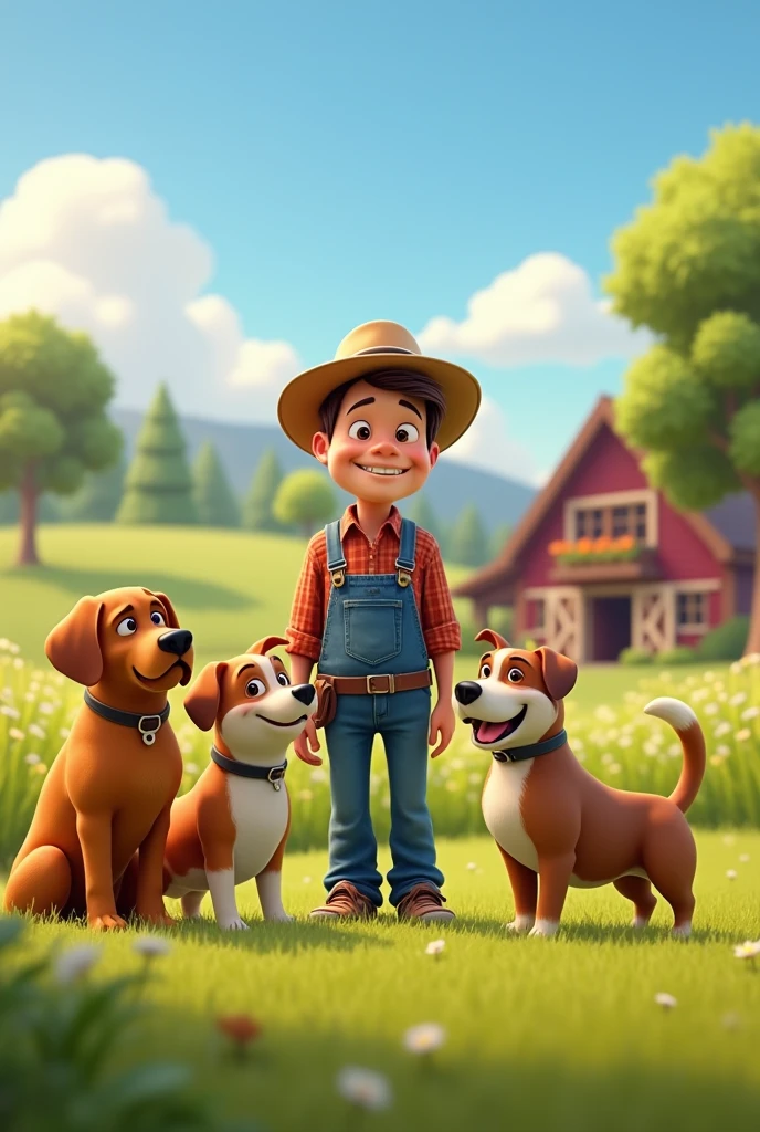 Create a Pixar style cartoon image with three friendly dogs, a farmer, a Rottweiler and a bulldog

