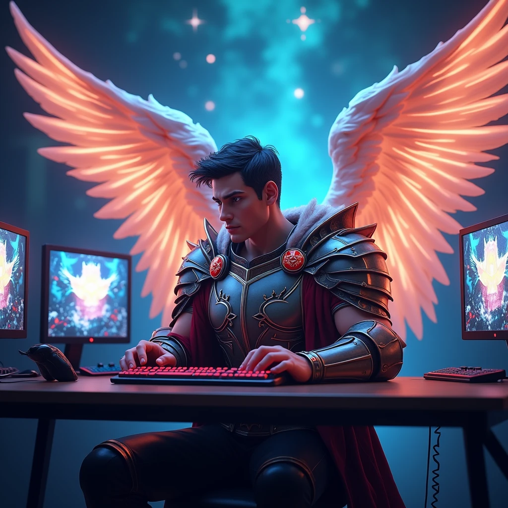 a banner for the youtube channel called Virtuous Gamers with a male warrior angel playing with a controller on the computer