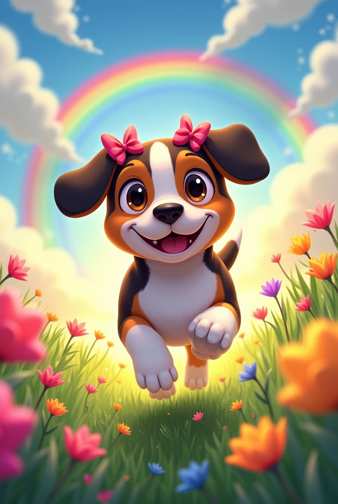 Tricolor black brown and white beagle, female with two pink bows on her ears, He is running happily in a meadow with flowers, the sky with the sun very colorful and with rainbows