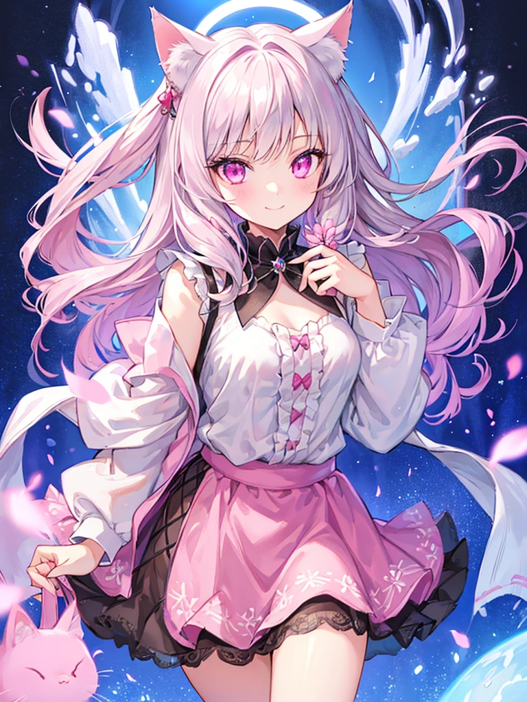 Highly detailed face,fine grain,Sparkling eyes,Highlighted eyes,Medium chest,pretty girl, bewitching smile,Longing eyes,Cat ear, Beautiful silver hair,Pink inside,Beautiful pink eyes,Oversized shirt,skirt