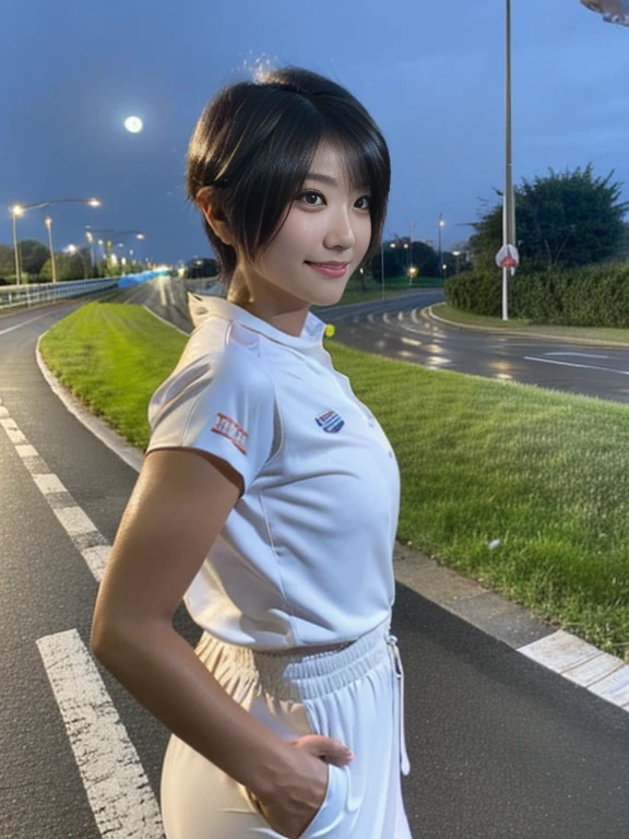 20 year old Japanese beauty，One woman、Muscular body like a bodybuilder、Emphasize the breasts、Slit eyes、Full body image up to the tip of the foot，Bust is very very large、Full moon night in the background、High quality photos、Clear, crisp images of the lower body、Masterpiece 8k、Smiling、From the front, from the side, from the back, etc.々from what camera angle to shoot、Highly lustrous satin outfit、Full-body clothing、Wearing a road bike racing suit、Riding a road bike