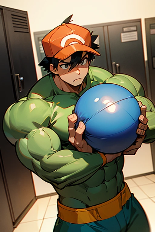 Ash Ketchum from Pokémon anime as a grown up big dumb muscular bodybuilder jock in a locker room flexing and staring blankly under hypnosis as he repeats, "Bigger... Dumber.... Must obey.... More like a jock bro every day.... Yes, Coach. I obey. Huhuhuhuh...." in a deep mindless emotionless voice with his fellow hypnotized jocks to forget about Pokémon training and focus instead on training his own body and obeying his coach. Hyper swollen bulging crotch. Hyper muscles. Toned muscles. 5% body fat. Big biceps. Big triceps. Broad shoulders. Big traps. Big lats. Big meaty pecs. Massive deltoids. Six-pack abs. Spherical glutes. Brainwashing. Hypnosis. Hypnotized. Bro. IQ drain. Dumber and dumber. Meathead. Musclehead. Mindless. Hypno. Mind control. Brain drain. Entranced.