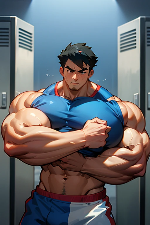 Ash Ketchum from Pokémon anime as a grown up big dumb muscular bodybuilder jock in a locker room flexing and staring blankly under hypnosis as he repeats, "Bigger... Dumber.... Must obey.... More like a jock bro every day.... Yes, Coach. I obey. Huhuhuhuh...." in a deep mindless emotionless voice with his fellow hypnotized jocks to forget about Pokémon training and focus instead on training his own body and obeying his coach. Hyper swollen bulging crotch. Hyper muscles. Toned muscles. 5% body fat. Big biceps. Big triceps. Broad shoulders. Big traps. Big lats. Big meaty pecs. Massive deltoids. Six-pack abs. Spherical glutes. Brainwashing. Hypnosis. Hypnotized. Bro. IQ drain. Dumber and dumber. Meathead. Musclehead. Mindless. Hypno. Mind control. Brain drain. Entranced.