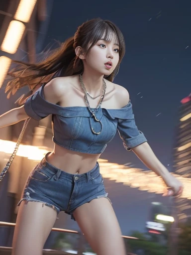 Japanese female, (underweight), (medium bust best quality:1.5), 30 years old,
city, annoyed, standing, long hair, (red off shoulder top), (denim shorts), (with a chains), (swinging the chains:1.3), (Epic Battle Scene), with a moon, (at midnight:1.2), full body shot, (from below), (motion blur:1.4), moonlight