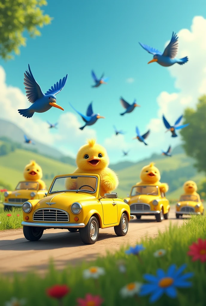 Several yellow cars with chicks driving and making some blue birds fly
