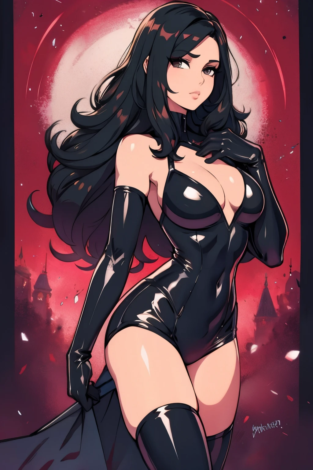 The woman, by the wide, long hair, black fur, black hair, fringe, pale, Pale skin, ((black eyes, black eyes)), scantily clad, black clothes, black clothes, Waders, hig boots, gloves, gloves, Cathedral, evening, fantasy