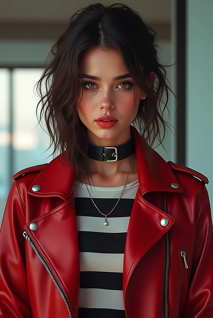 a girl wearing a striped shirt inside, a red leather jacket outside, a tight black necklace, very cool makeup, digital art style 