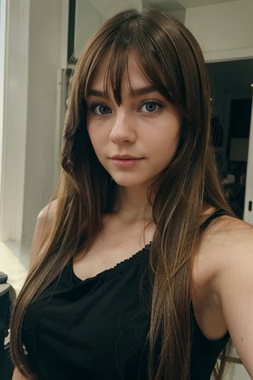 a selfie of a pretty young girl, dark blonde with green eyes with fringe and long hair taken with iphone camera