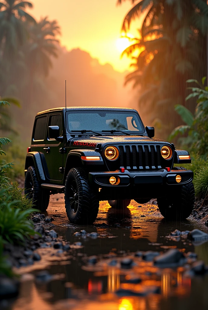 Create a image Jeep Wrangler Rubicon in black colour in rain forest sunset time