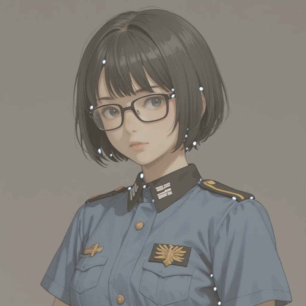 Short woman with black short hair. Shes wearing a blue uniform with a crop shirt and glasses