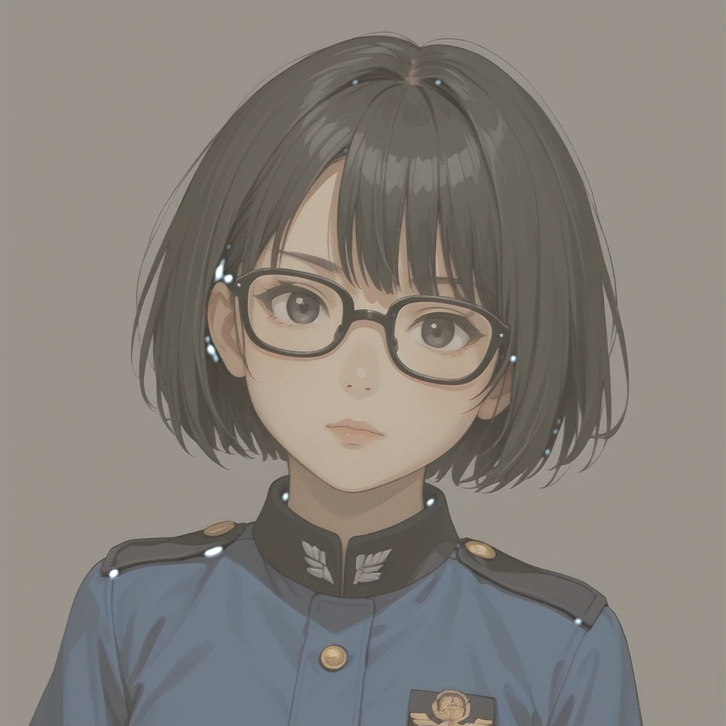 Short woman with black short hair. Shes wearing a blue uniform with a crop shirt and glasses