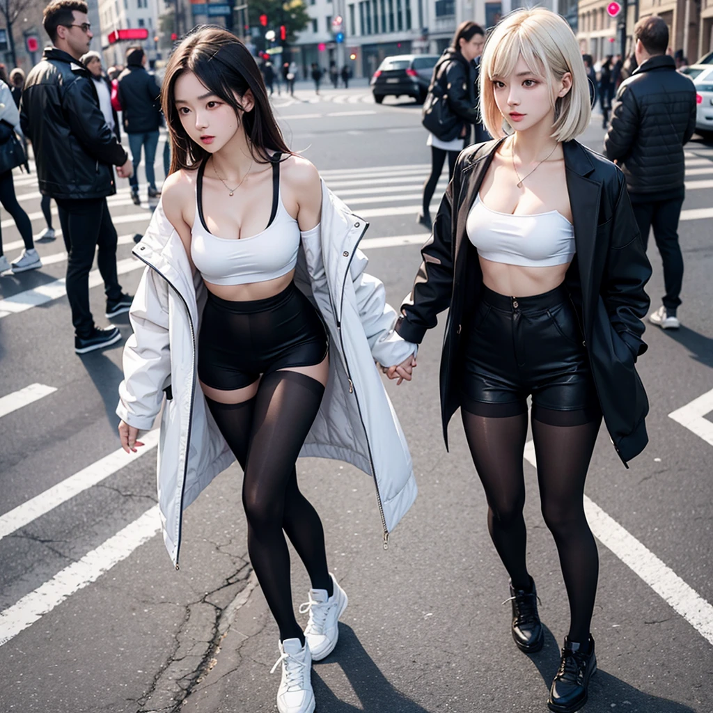 White strapless sports bra，Small coat，hot pants，On the Street，Large Breasts，cleavage，Black tights，，