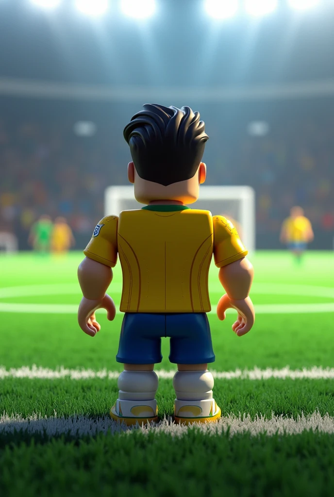 Roblox Brazil team soccer player square character with his back to a soccer field, without hands