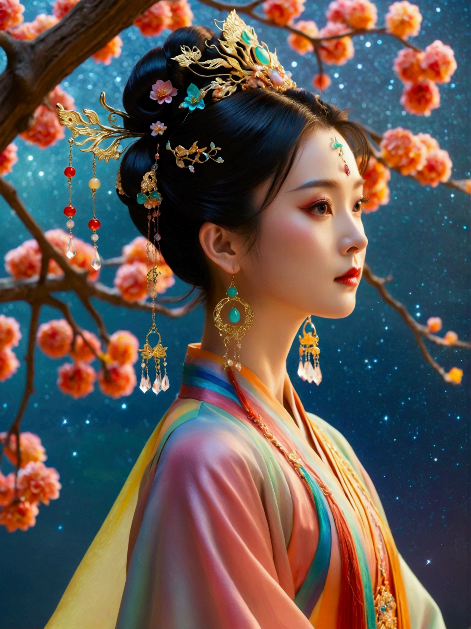 Three-dimensional ancient style，Vibrant Chinese Aesthetics，Elegant ancient Chinese fairy，Chang&#39;e，Mooncake in hand，Moon Rabbit，Starry Sky，osmanthus tree，A woman in a gorgeous rainbow Hanfu dress stands on a cliff and looks up at the starry sky，Beautiful facial features，(whole body:1.4)，Vibrant colors，Sparkling clothing，Embraces Flashing Stone Texture，Crystal shoes，iridescent gradient fluorescent ribbons，Exquisite，Light Wave，Tradition，Exquisite，Perfect composition，Ultra HD，Crescent earrings，Raise your eyebrows，Jade Phoenix Branch，Forehead Gem