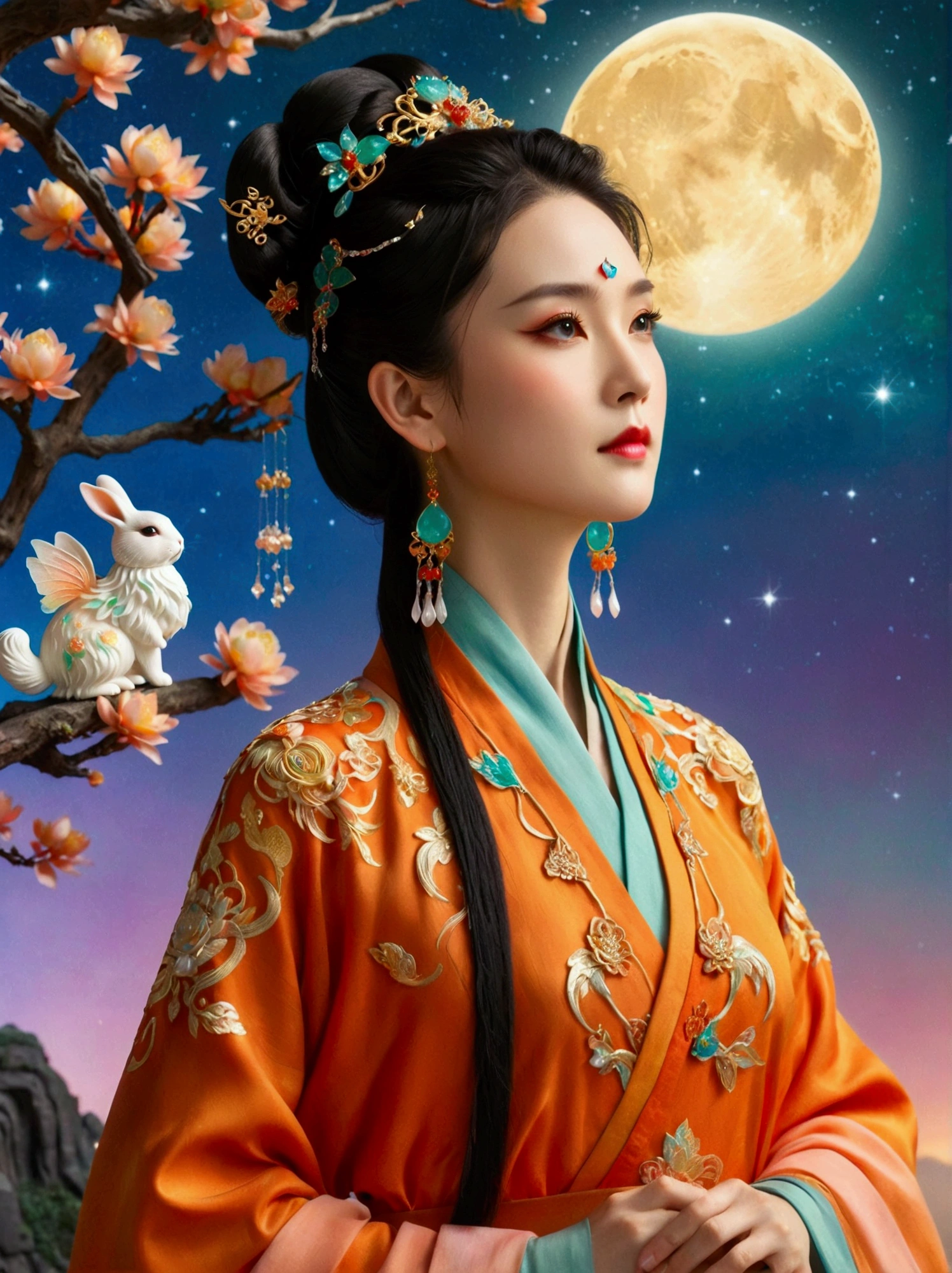 Three-dimensional ancient style，Vibrant Chinese Aesthetics，Elegant ancient Chinese fairy，Chang&#39;e，Mooncake in hand，Moon Rabbit，Starry Sky，osmanthus tree，A woman in a gorgeous rainbow Hanfu dress stands on a cliff and looks up at the starry sky，Beautiful facial features，(whole body:1.4)，Vibrant colors，Sparkling clothing，Embraces Flashing Stone Texture，Crystal shoes，iridescent gradient fluorescent ribbons，Exquisite，Light Wave，Tradition，Exquisite，Perfect composition，Ultra HD，Crescent earrings，Raise your eyebrows，Jade Phoenix Branch，Forehead Gem