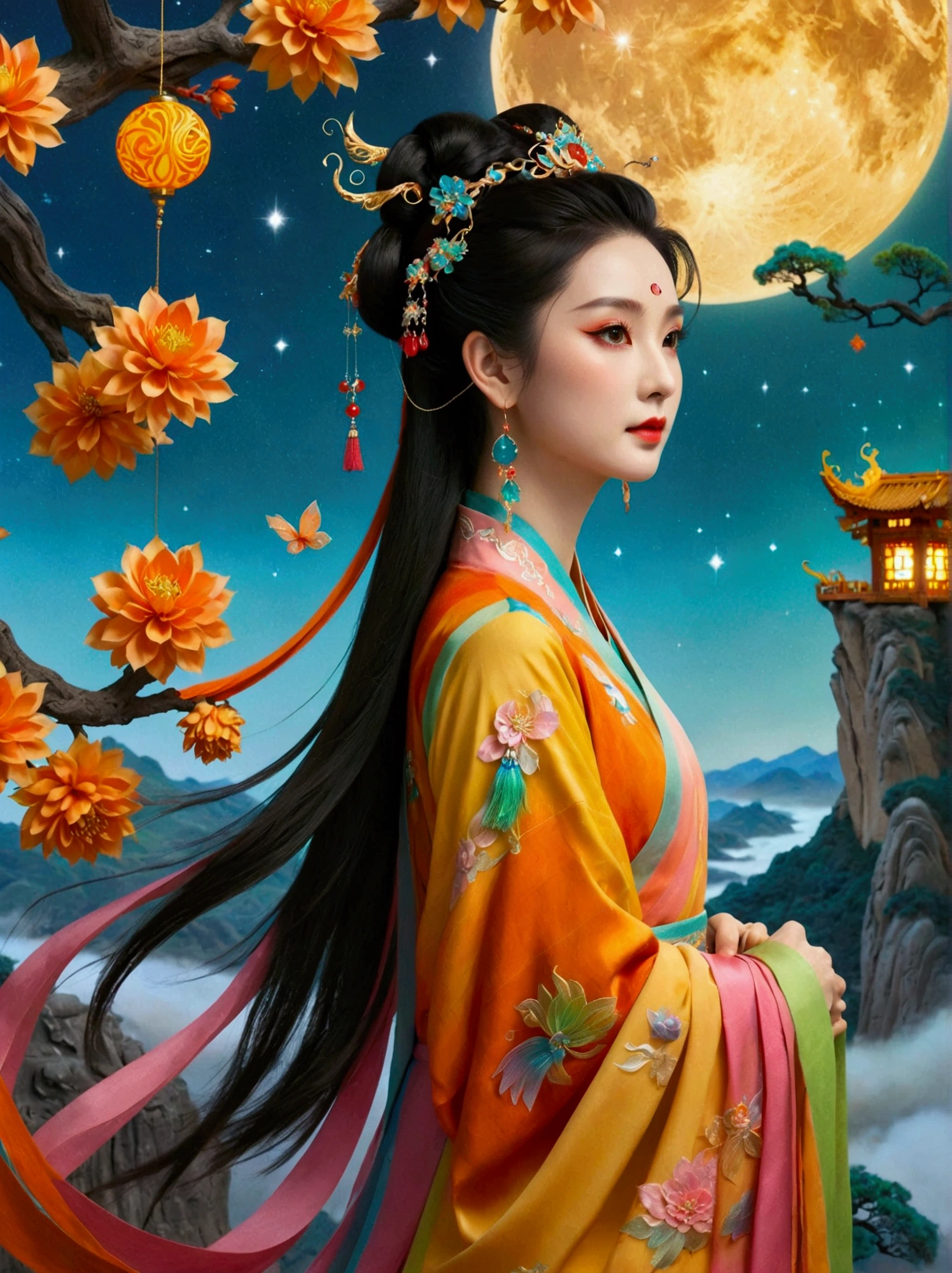 Three-dimensional ancient style，Vibrant Chinese Aesthetics，Elegant ancient Chinese fairy，Chang&#39;e，Mooncake in hand，Moon Rabbit，Starry Sky，osmanthus tree，A woman in a gorgeous rainbow Hanfu dress stands on a cliff and looks up at the starry sky，Beautiful facial features，(whole body:1.4)，Vibrant colors，Sparkling clothing，Embraces Flashing Stone Texture，Crystal shoes，iridescent gradient fluorescent ribbons，Exquisite，Light Wave，Tradition，Exquisite，Perfect composition，Ultra HD，Crescent earrings，Raise your eyebrows，Jade Phoenix Branch，Forehead Gem