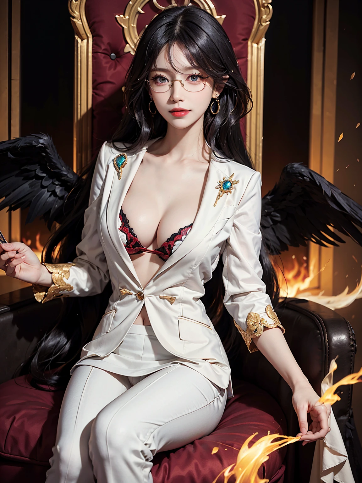 (8k, best quality, masterpiece:), Lucifer Morningstar, one beautiful British female angel with dark hair, mischievous smile, (eyeglasses), (round trimmed glasses:1.4), casual posing, blushing, shy, cute, red lips, sharp eyelashes, cute smile, earrings, jewellery, (extremely long hair:1.4), (long wavy hair:1.4), dynamic pose, perfect body, perfect anatomy, detailed iris, sparkle eyes, star in eyes, enchanting red eyes, (multicolored eyes), (black hair:1.3), (long hair:1.3), (hair between eyes), (hair over one eye:1.3), (floating hair:1.3) flaming wings, devil, fallen angel, flames in background, details, uniform, (white suit:1.3), exquisite details, golden linings, embroidered textures, large breasts, perfect breasts, round breasts, detailed collarbone, perfect collarbone, cleavage, club theme, 1:1 ratio, sitting on a throne drinking whiskey, details, realistic