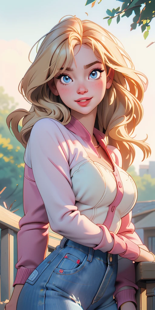 (best quality, ultra-detailed, photorealistic: 1.39), Face of naughty 2 teenager, bright and vibrant colors, studio lighting, romantic expression, Perfect big breasts, cute blouse, long sleeves, jeans, Short blonder hair, bob style, bangs flowing in the wind, attractive eyes, lips bright, sexy pose, smiling seductively, posing for a professional photo shoot, shallow depth of field, soft natural lighting, creating a romantic and magical atmosphere, street, summer, sunny day, trees