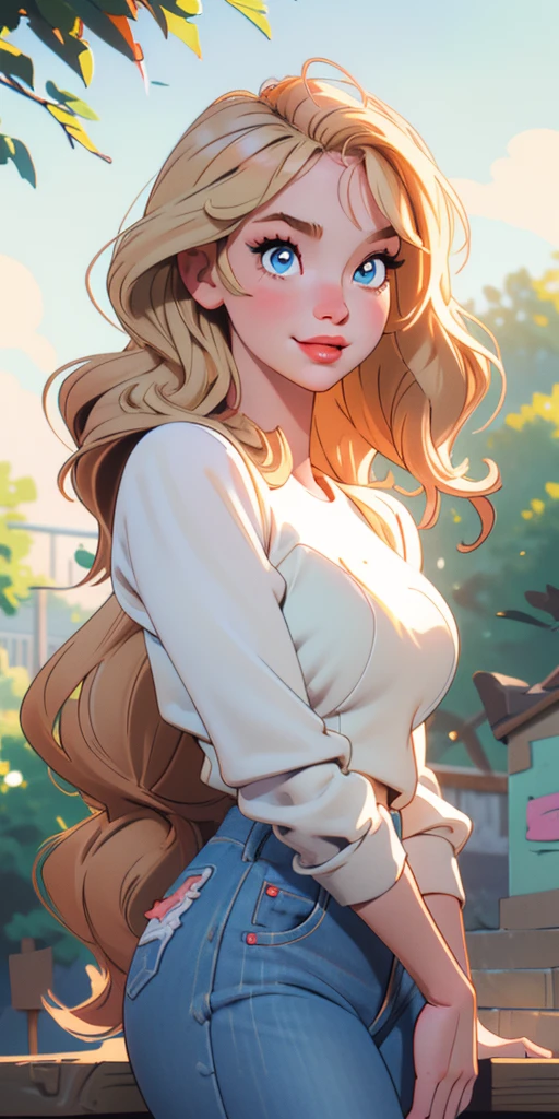 (best quality, ultra-detailed, photorealistic: 1.39), Face of naughty 2 ager, bright and vibrant colors, studio lighting, romantic expression, Perfect big breasts, cute blouse, long sleeves, jeans, Short blonder hair, bob style, bangs flowing in the wind, attractive eyes, lips bright, sexy pose, smiling seductively, posing for a professional photo shoot, shallow depth of field, soft natural lighting, creating a romantic and magical atmosphere, street, summer, sunny day, trees