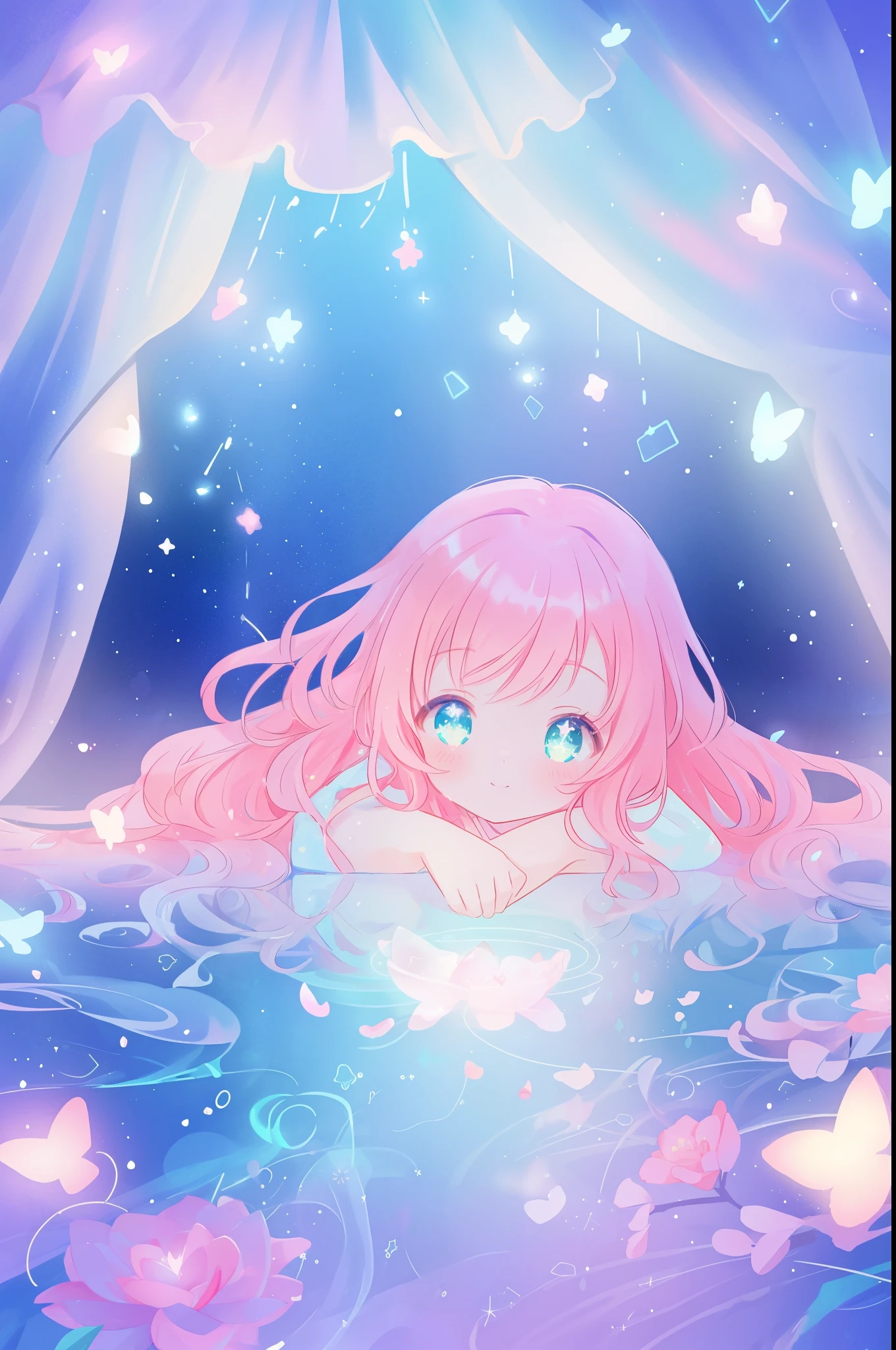 beautiful anime girl in flowing layered ballgown, vibrant pastel colors, (colorful), magical lights, magical flowers, flowers, glowing lights, red pink long wavy hair, sparkling lines of light, inspired by Glen Keane, inspired by Lois van Baarle, disney art style, by Lois van Baarle, glowing aura around her, by Glen Keane, jen bartel, glowing lights! digital painting, flowing glowing hair, glowing flowing hair, beautiful digital illustration, fantasia background, whimsical, magical, fantasy, beautiful face, ((masterpiece, best quality)), intricate details, highly detailed, sharp focus, 8k resolution, sparkling detailed eyes, liquid watercolor