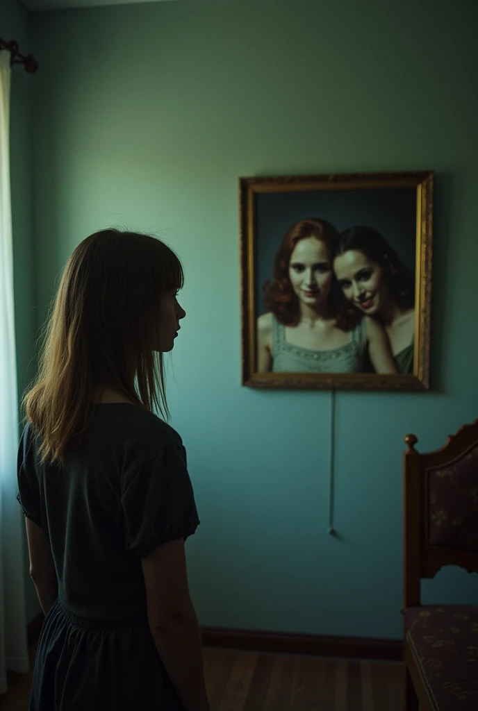 Whispers begin, and the photograph changes, the smiles turning grotesque, the eyes becoming dark voids
adult emily is still standing across the room while looking. at the photograph change
