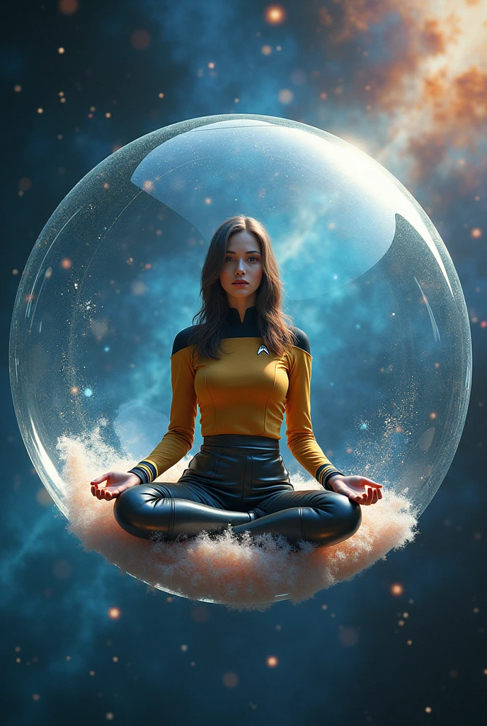 Beautiful woman traveling inside a soap bubble through outer space, half lotus pose, universe, stars, galaxy background, she is wearing a Star Trek uniform, skirt and boots. looking at the viewer