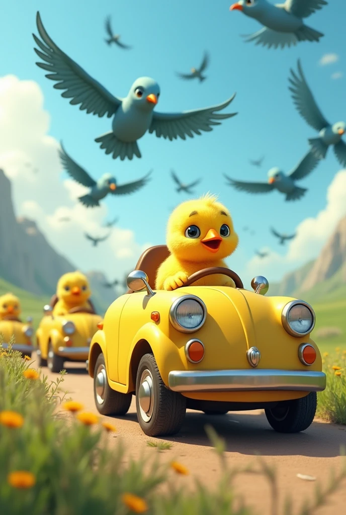 Several yellow cars with chicks driving and making some blue birds fly away in fear