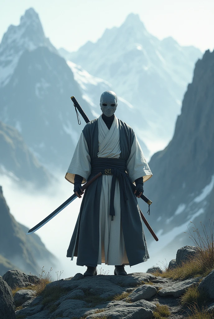 A man wearing a grey mask a long rob and white vest holding a katana in the mountain side

