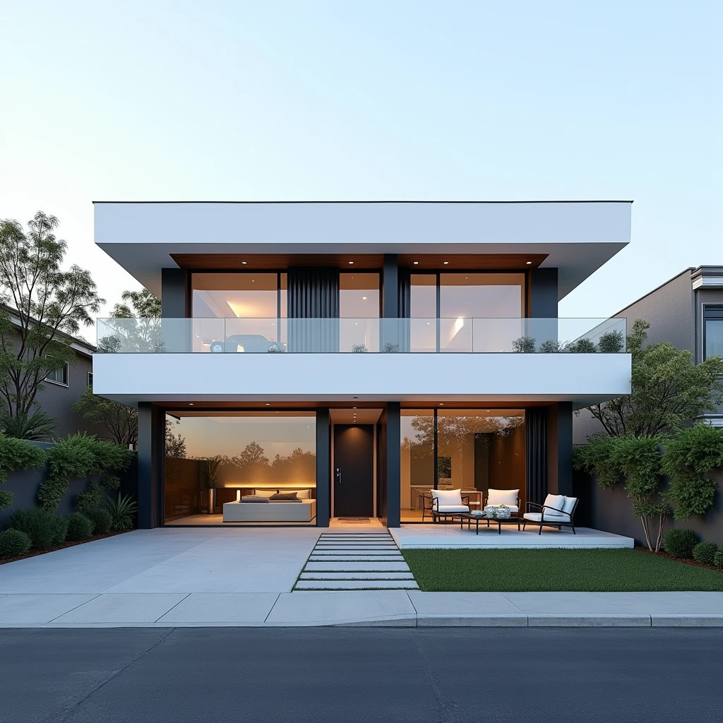 (mejor calidad)), ((Obra maestra)), (detallado), a photograph of a modern two-story house with a flat roof, featuring large glass windows and white modern contemporary facade. The house has a sleek design with clean lines and a contemporary architectural style, in a strret outside newyork, fran slivestre architect.
