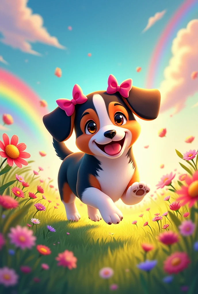 Tricolor black brown and white beagle, female with two pink bows on her ears, He is running happily in a meadow with flowers, the sky with the sun very colorful and with rainbows