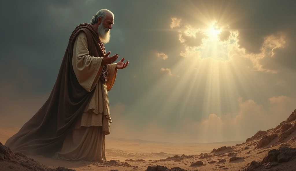 A deeply moving biblical scene showing Job in a state of mourning and humility. He is portrayed standing and looking at the ground with his white beard, his torn clothes and his dirty cloak, in an arid landscape, with his clothes torn and his head shaved as a sign of grief. The surrounding area is barren, reflecting the desolation he feels. Despite the crushing loss, Job is shown in a posture of worship, with his hands open as he prays. The sky above is a mixture of dark clouds and a small ray of light, symbolizing his unshakable faith in God even in the midst of profound suffering, as described in the story of Job. sun