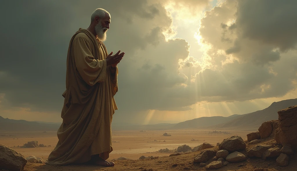 A deeply moving biblical scene showing Job in a state of mourning and humility. He is portrayed standing and looking at the ground with his white beard, his torn clothes and his dirty cloak, in an arid landscape, with his clothes torn and his head shaved as a sign of grief. The surrounding area is barren, reflecting the desolation he feels. Despite the crushing loss, Job is shown in a posture of worship, with his hands open as he prays. The sky above is a mixture of dark clouds and a small ray of light, symbolizing his unshakable faith in God even in the midst of profound suffering, as described in the story of Job. sun