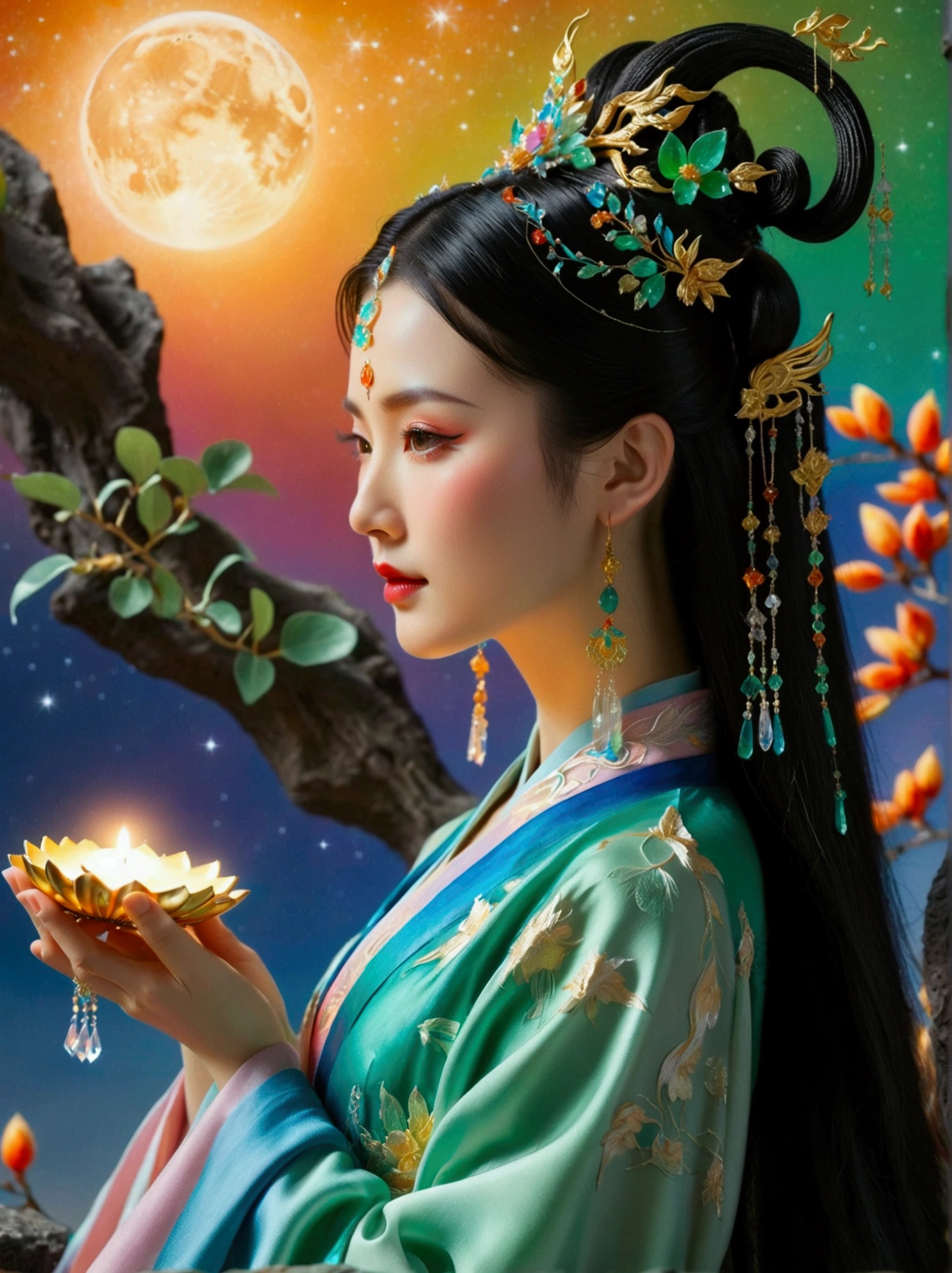 Three-dimensional ancient style, vivid Chinese aesthetics, elegant ancient Chinese fairy, Chang'e holding a mooncake, moon rabbit, starry sky, osmanthus tree, woman in luxurious seven-color rainbow Hanfu on a cliff gazing at the stars, stunning facial features, (full body:1.4), vibrant colors, sparkling attire with glittering stone patterns, shoes of semi-transparent crystal, seven-color gradient fluorescent ribbons, exquisite, light wave, traditional, delicate, perfect composition, ultra HD, crescent earrings, raised eyebrows, phoenix ornament, forehead gemstone, National style, Acrylic, Immortal aura, Mint green tones, Normal perspective, Trend on Artstation