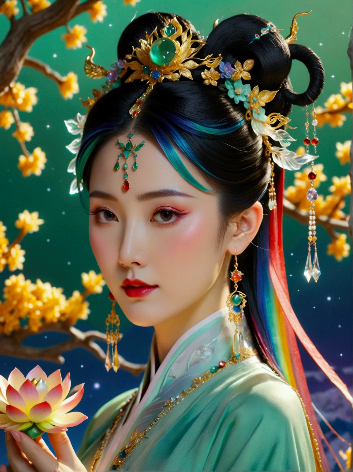 Three-dimensional ancient style, vivid Chinese aesthetics, elegant ancient Chinese fairy, Chang'e holding a mooncake, moon rabbit, starry sky, osmanthus tree, woman in luxurious seven-color rainbow Hanfu on a cliff gazing at the stars, stunning facial features, (full body:1.4), vibrant colors, sparkling attire with glittering stone patterns, shoes of semi-transparent crystal, seven-color gradient fluorescent ribbons, exquisite, light wave, traditional, delicate, perfect composition, ultra HD, crescent earrings, raised eyebrows, phoenix ornament, forehead gemstone, National style, Acrylic, Immortal aura, Mint green tones, Normal perspective, Trend on Artstation