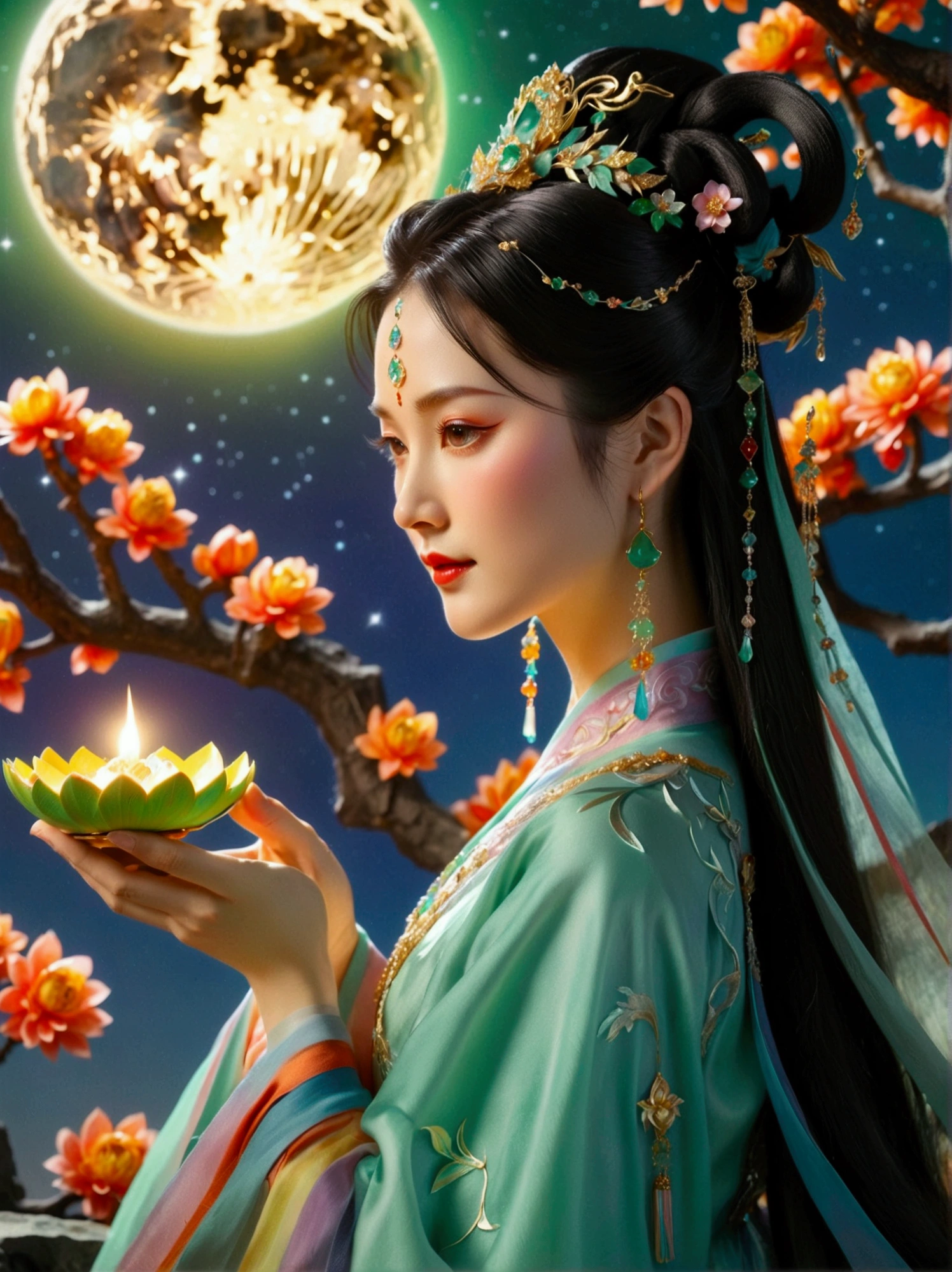 Three-dimensional ancient style, vivid Chinese aesthetics, elegant ancient Chinese fairy, Chang'e holding a mooncake, moon rabbit, starry sky, osmanthus tree, woman in luxurious seven-color rainbow Hanfu on a cliff gazing at the stars, stunning facial features, (full body:1.4), vibrant colors, sparkling attire with glittering stone patterns, shoes of semi-transparent crystal, seven-color gradient fluorescent ribbons, exquisite, light wave, traditional, delicate, perfect composition, ultra HD, crescent earrings, raised eyebrows, phoenix ornament, forehead gemstone, National style, Acrylic, Immortal aura, Mint green tones, Normal perspective, Trend on Artstation