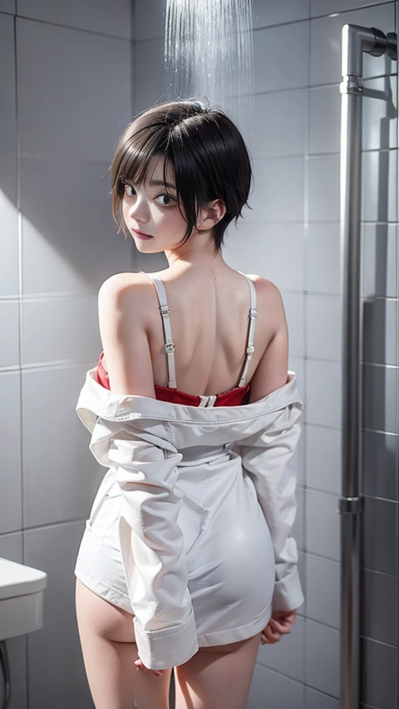 in 8K、top-quality、​masterpiece、Ultra-detail、Ultra-high resolution、Anime style、bathroom、((1 persons))、girl with、being hit in the shower、posterior view、White bathrobe、turned around、bare shoulders​、wetting hair、wetted skin、water dripping、pov from down、Red face、suprised, (steam,Sweat),
