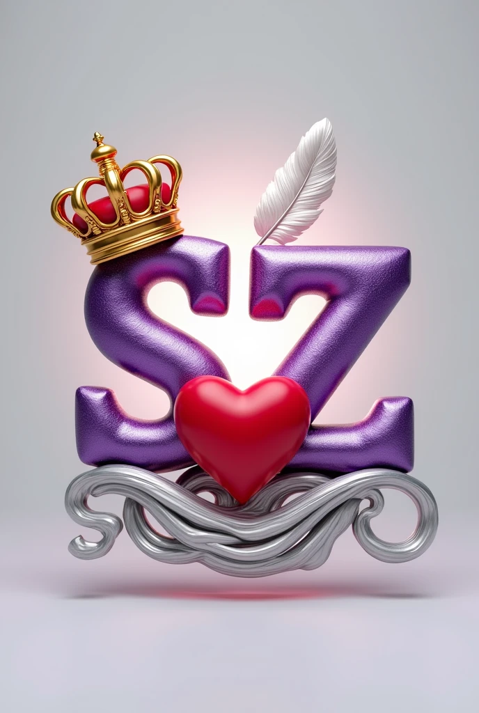 A 3d render of the two letters "S" and "Z" in a purple and gold metallic font with golden British crowns above both letters and a white feather , with a light shine behind the word, and a silver swirl underneath. A red heart between both letters, The background is a light gray.