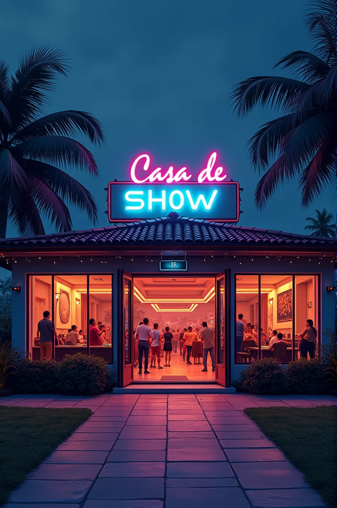 Casa de show, with glass windows, large area in front with some chairs and tables, large sign above the front door, large open entrance door, circular shaped windows, unrealistic, drawn, small sign on the wall saying "prohibited drinks", indoor party, events house, coconut trees outside, neon, lights, natta, parties, animadas, sound box, huge hall inside, party going on , floodlight lights , people dancing in the countryside