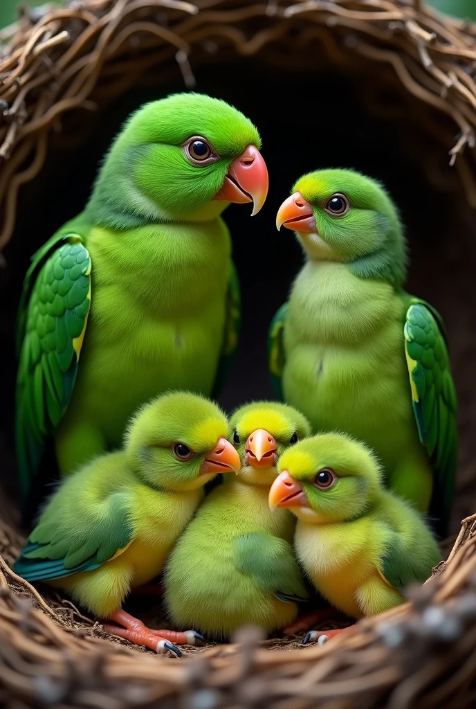 Picture of 4 green chicks and 2 large green parrots, the whole family in the nest, only 4 chicks with the father, but all of them are green. Even the babies are dark green.